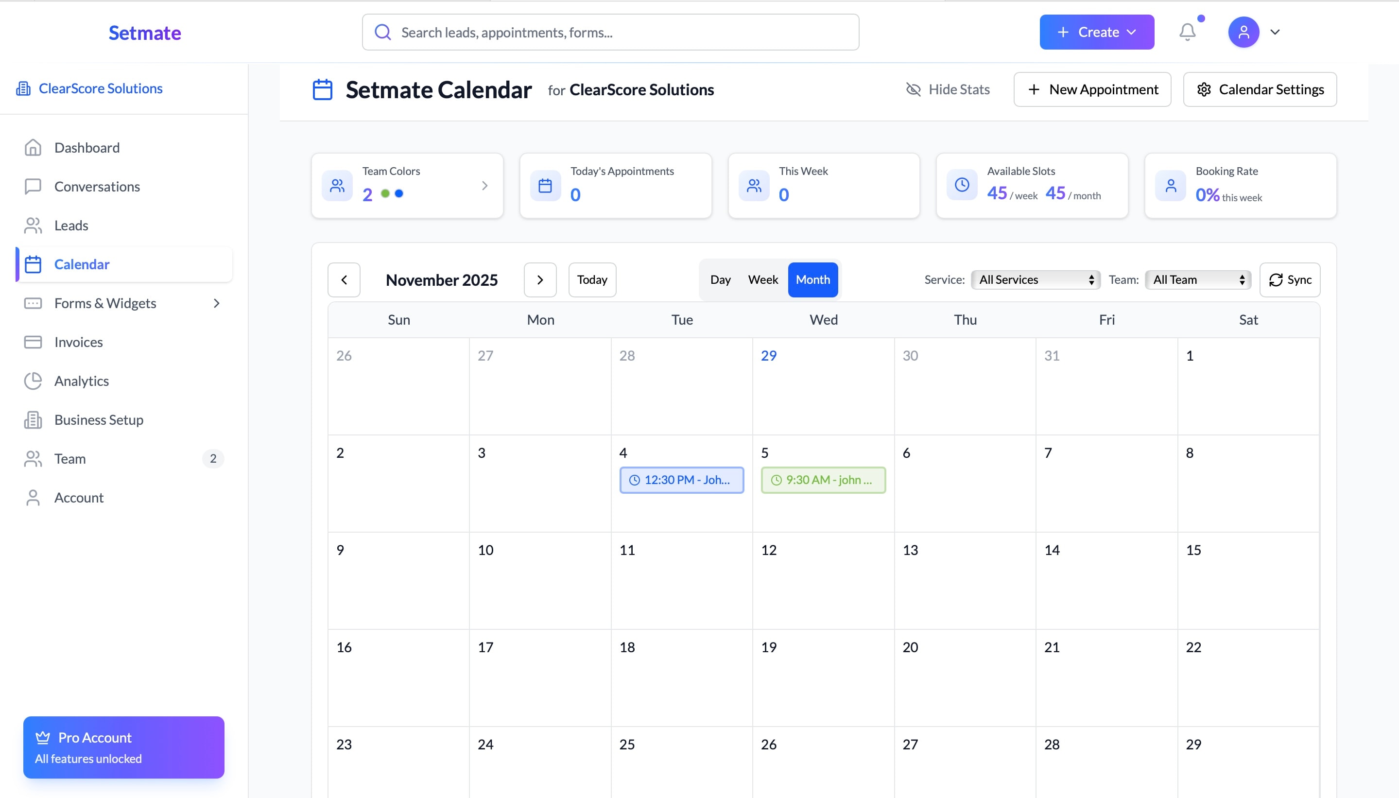Setmate calendar dashboard showing team appointments and availability