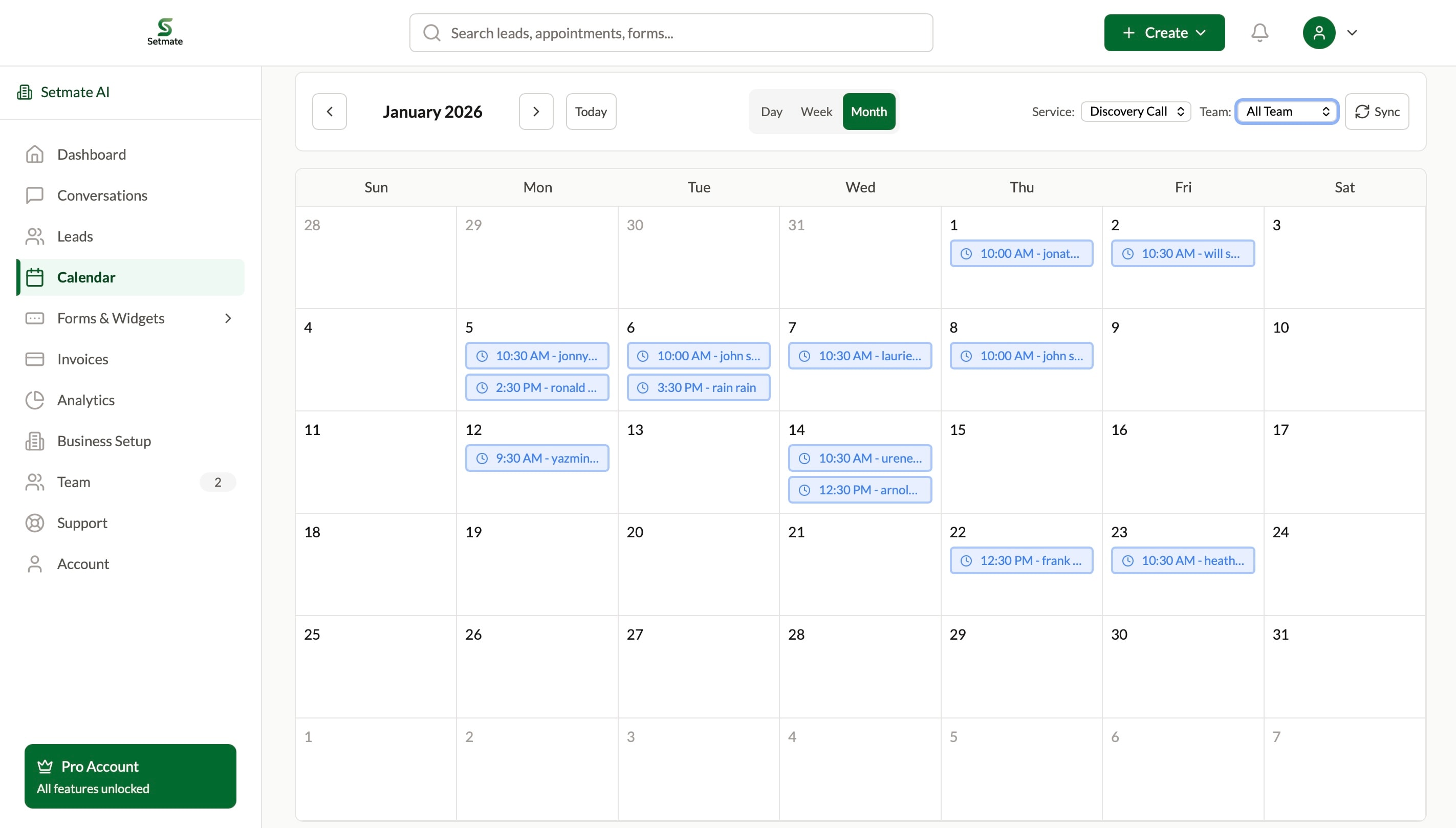 Setmate calendar dashboard showing team appointments and availability