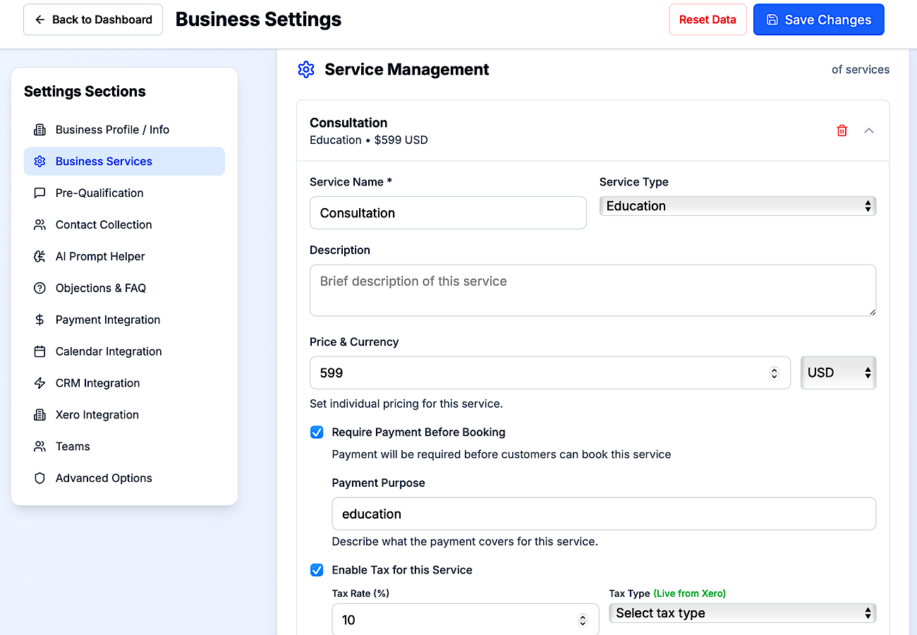 Business Settings Dashboard